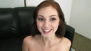Redheaded girl gets her pretty face covered in fresh semen after fucking